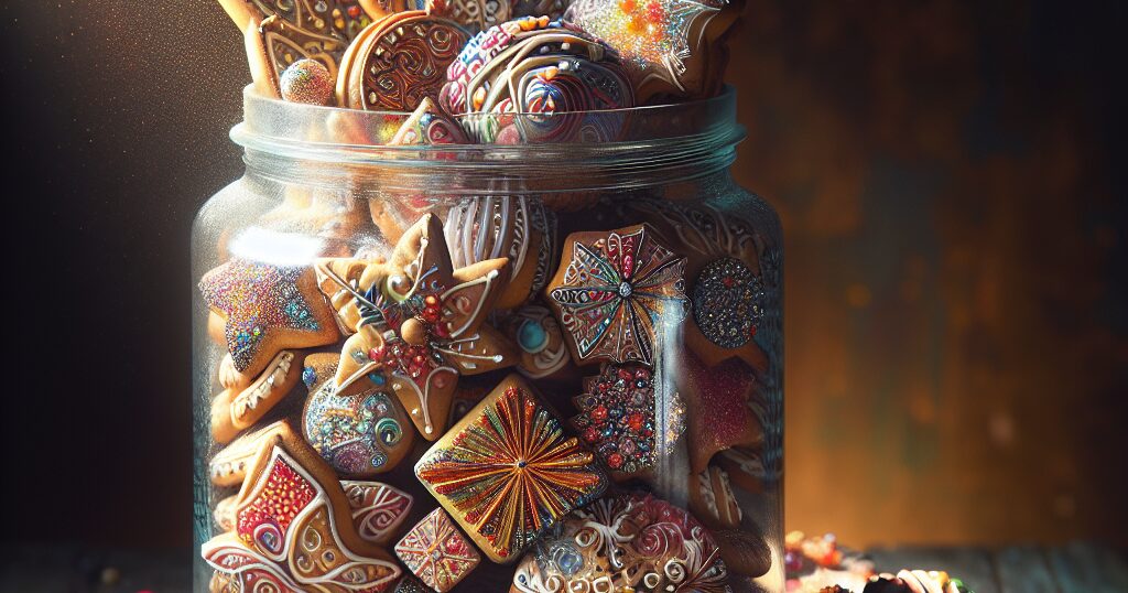 A jar full of colorful cookies