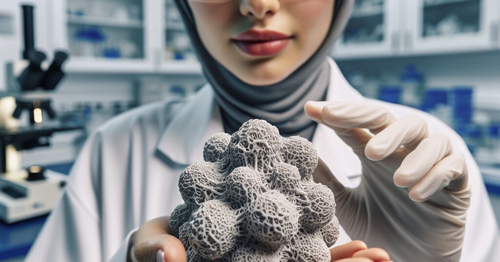 Scientist holding a 3D printed tumor.