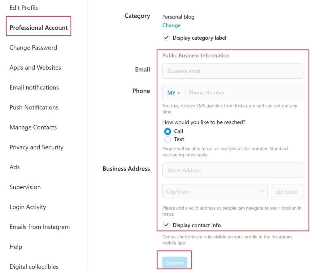 Insert Your Contact Details in Professional Account